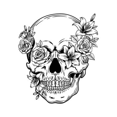  Çiçekli Kafatası, Çiçekli Kafatası İllüstrasyonu, Gotik Dövme Tarzı, Siyah ve Beyaz Çizgi Sanatı
