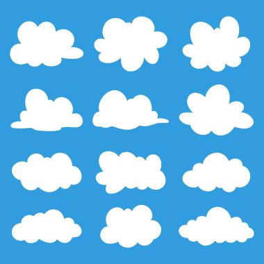  Çizgi film Beyaz Bulut Simgeleri, Düz Hava İklimi, Mavi Arkaplanda Kabarık Bulut Silueti