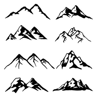 Dağ Silueti Seti, Siyah ve Beyaz Dağ Vektörü, Minimalist Tepe İllüstrasyonu, El Çizimi Dağ Zirvesi