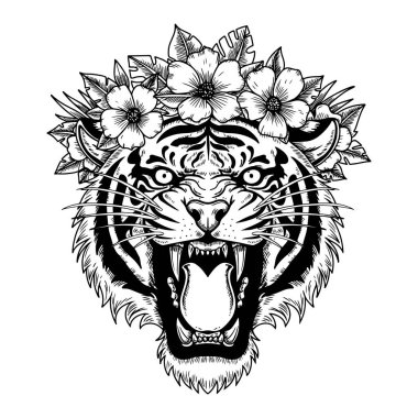 Kükreyen Kaplan Kafa Çiçek Taç İllüstrasyonu, Siyah ve Beyaz Vahşi Kedi Sanatı, Detaylı Kaplan Dövmesi Tasarımı, Botanik Hayvan Vektörü