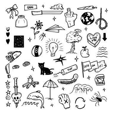 El Çizimi Nesneler Seti, Eğlenceli Taslak Rastgele Simgeler, Siyah ve Beyaz Çizgi Roman Koleksiyonu