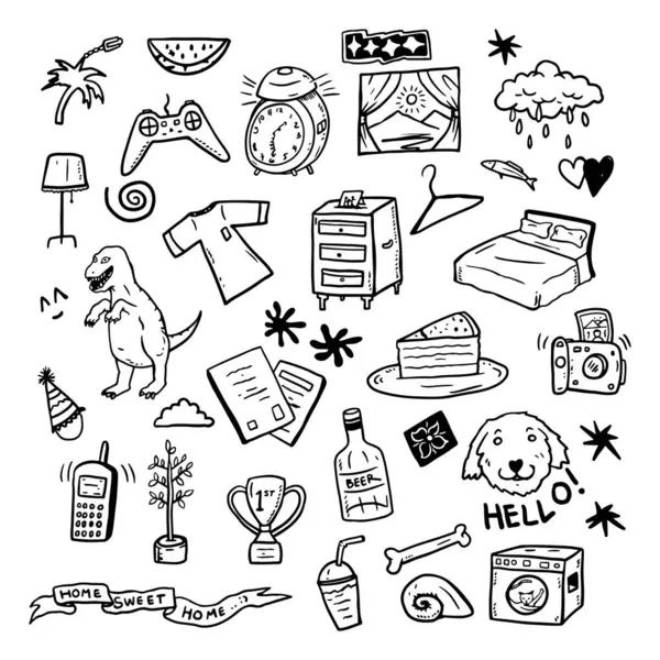 El Çizimi Nesneler Seti, Eğlenceli Taslak Rastgele Simgeler, Siyah ve Beyaz Çizgi Roman Koleksiyonu