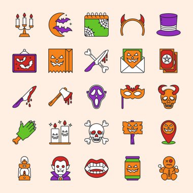 Cadılar Bayramı Taslak Simgesi Seti, Beyaz Hat Ürkütücü Sembolleri, Asgari Korku Vektörü Koleksiyonu