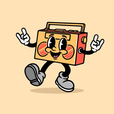 Retro Çizgi Film Boombox Maskotu, Klasik Radyo Karakteri, Rock Hand El Hareketi Çizimi