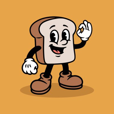 Şirin Ekmek Maskotu Çizgi Filmi, Retro Tarz Yemek Karakteri Çizimi, Mutlu Tost Vektörü