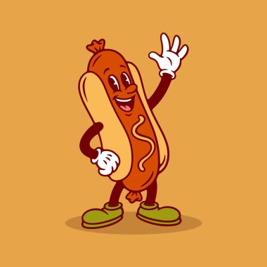  Hot Dog Maskotu, Retro Çizgi Film Karakteri, Klasik Yemek Çizimi, Komik Fast Food Art