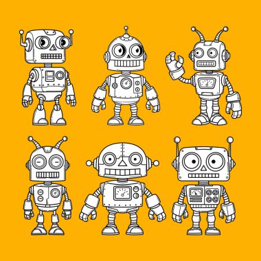 Robot Karakter Seti, Vintage Oyuncak Robot Maskotu, Çizgi Robot Çizimi, Şirin Mekanik Robot Tasarımı