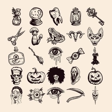 Cadılar Bayramı ikonları, korku karalama seti, okült el çizimleri, klasik korkunç çizimler.
