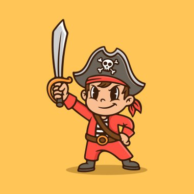 Retro Karikatür Korsan Maskotu, Vektör Karakter İllüstrasyonu, Kılıç ve Şapkalı Klasik Korsan Çocuk, Eğlenceli Macera Logosu Tasarımı