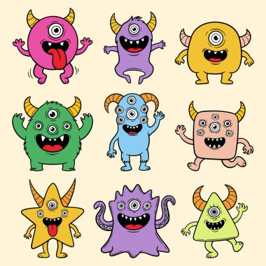  Sevimli Çizgi Film Canavarı Karakterleri Koleksiyonu, Komik Renkli Kiklops Yaratıklar Çizimi