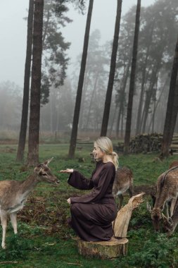 A woman in a wild forest feeds wild deer. A woman in an evening dress symbolizes female self-development, spirituality and self-searching. clipart