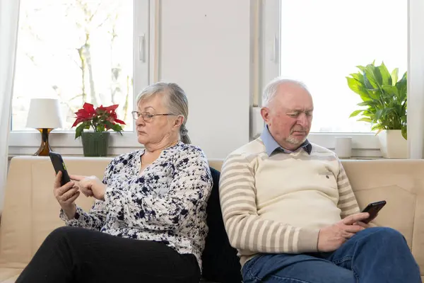 Yaşlı eşler evdeki koltukta otururken cep telefonu kullanıyor. Yüksek kalite fotoğraf
