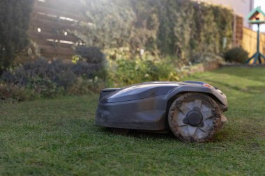 Kirli tekerlekleri olan bir robot çim biçme makinesi çimlerin üzerinde duruyor. Teknoloji ve doğa sentezi, robotların doğal çevrenin bir parçası olduğu, insanların yaptığı işi yaptığı bir sentez. Yüksek