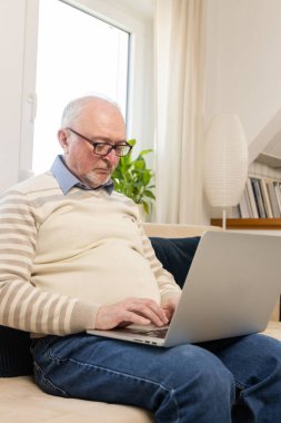 Bir erkek evinde, sıcak ve rahat bir atmosferde dizüstü bilgisayarla oturmaktan zevk alır. Bitkilerin, kitapların ve yumuşak ışığın olduğu iç mekan bir samimiyet hissi yaratıyor. Evde huzur ve huzur. Yüksek