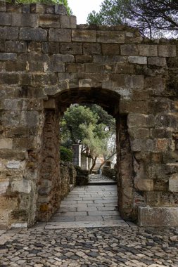 Taş kemer, sakin ve ağaçlarla kaplı bir yol boyunca uzanıyor. Güneş ışığı yoğun yaprakların arasından nazikçe süzülür, dingin ve davetkar bir orman atmosferi yaratır. Yüksek kalite fotoğraf
