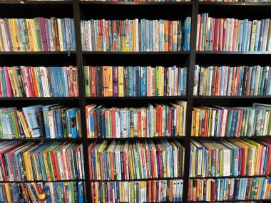 Melle, Almanya - 22 Nisan 2025: İkinci el bir mağazanın raflarında renkli bir kitap duvarı. Yüksek kalite fotoğraf