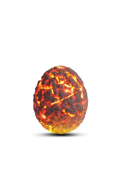 对象被破坏的卵形熔岩熔炼 火山热岩浆地面 在白色背景上燃烧石煤或异形卵子 演播室光影与剪切路径 3D插图 — 图库照片