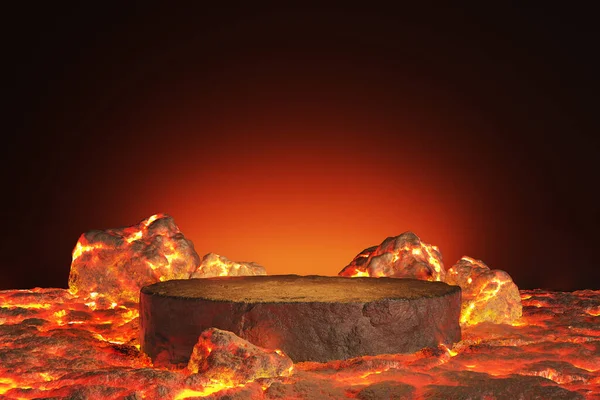 铂熔岩熔融 火山热岩浆地面 在黑色和黑色的背景上燃烧着焦炭行星 浅阴影平台产品在黑社会中展示广告立碑 3D插图 — 图库照片