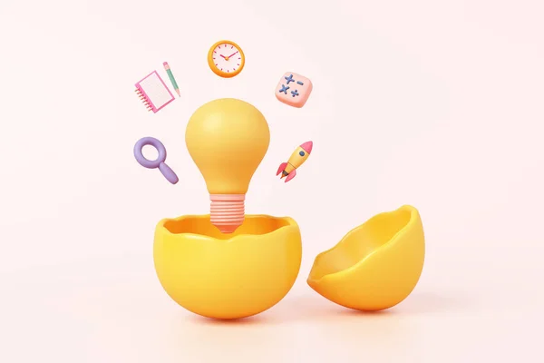 打开黄色蛋壳创意灯泡工作启动或孩子学习教育学校科技想象力与时钟火箭贴纸对象 快捷方式 3D说明 — 图库照片