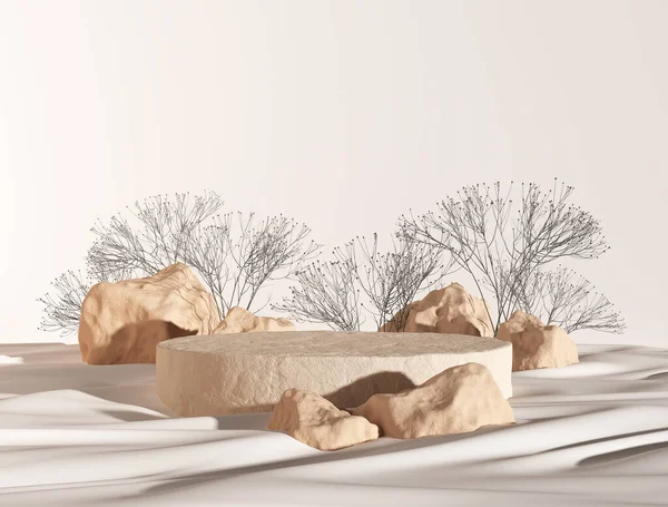 circular stone podium on desert or seaside with dry bushes arid environment backdrop beige. advertisement pedestal display product sandy beach rocky hill. stage cosmetic or skincare. 3D Illustration.