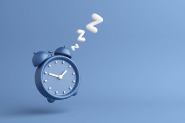 Alarm clock dark blue bedroom time snooze dream slumber night morning alert sleep. Day of overtime work stay up late sleepless drowsy wake up late of tiredness. object clipping path. 3D Illustration. clipart
