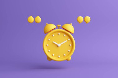 creative clock yellow, quote mark on purple background. alarm clock reminder sound time past present future routine morning noon evening awake message. working lifestyle and activity. 3D Illustration. clipart