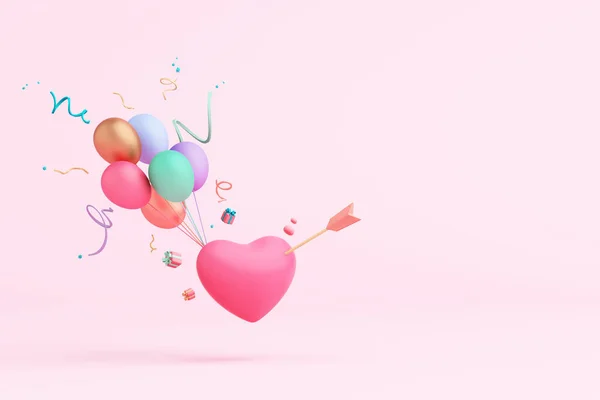 Valentine heart balloon festival event holiday confetti ribbon party arrow bow cupid love happy day february chocolate give lover gift family husband wife couple sweet. clipping path. 3D Illustration.