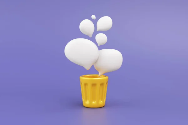 Yellow trash cans and white speech bubbles are floating. About data deletion, spam mail, junk mail, data transfer or reject on purple background. Rubbish bin with clipping path. 3D Illustration.