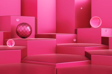 Hexagon display podium Viva Magenta or ruddy color luxury with crystal ball and mirror balls backdrop. Studio show product. Pedestal hot pink gold for cosmetic, skincare, fashion. 3D Illustration.