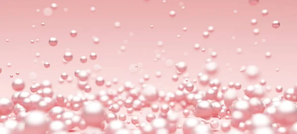Pearl bubbles pink gold sparkle sphere float or fall scatter blurred. balls shine on light pink gradient backdrop luxury elegant advertising cosmetic beauty or skin care background. 3D Illustration.