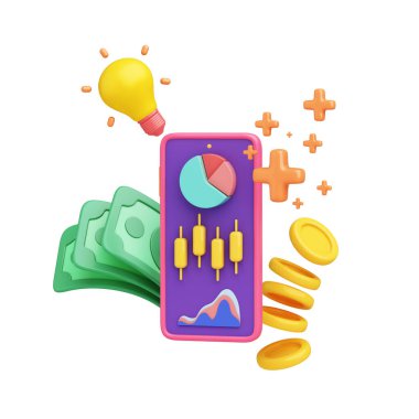 Mobile finance trading Online digital stock market investment. Smartphone object Stack of dollars with indicator graph, plus sign, coins. Profit, success business. clipping path. 3D Illustration.