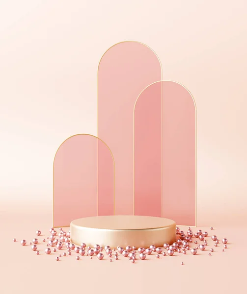 Circle Podium Backdrop Golden Arches Pink Clear Glass Pearl Pink — Stock Photo, Image