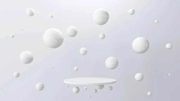 圆形显示台 气泡白色球体漂浮 球体反射发光白光和浅灰背景 奢侈品广告化妆品或护肤背景 3D说明 — 图库照片