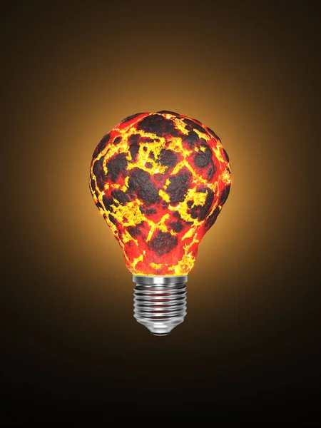 灯泡在地球上的日子和强大的创造力 概念是熔岩的燃烧 全球变暖 温室效应 能源危机都有助于拯救世界可再生能源 快捷方式 3D说明 — 图库照片