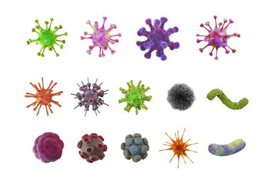 Virüs 3 boyutlu model seti. Covid-19 mikropları, mantarlar, bakteri nesneleri. Laboratuvardaki mikroskobik zoom 'dan beyaz arka planda bilimsel tıp, biyoloji ve viroloji öğrenmek için grafikler. Kesme yolu. 3B Görüntü.