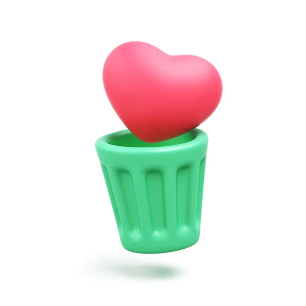 Červený Symbol Srdce Vyřazen Zeleném Koši Bílém Pozadí Opustit Milence — Stock fotografie