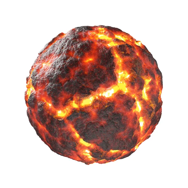 球状物体的物质表面是熔岩或岩浆黑色煤 在裂缝中带着灼热喷发 被热熔融 被白色背景隔离 对象剪切路径 3D说明 — 图库照片