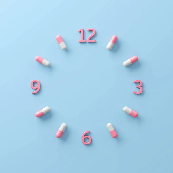 Capsule pill forms a clock face. top or front view light blue background. Health care remind to take your medicine on time, taking sleeping pills, pharmacy, supplements or vitamins. 3D Illustration.