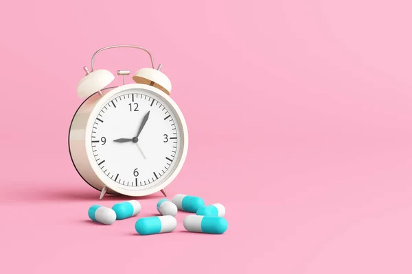 Alarm clock with capsule pills spread on the floor pink background. Health care remind you to take your medicine on time, taking sleeping pills, pharmacy, supplements or vitamins. 3D Illustration.