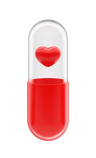 透明的顶部红色胶囊药丸里面有一个3D红心符号 保健和医疗是心脏病药物 补充剂或维生素 收割路径 3D说明 — 图库照片