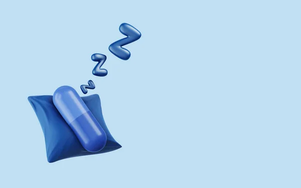 薄い青の背景に青い枕のカプセル薬 概念睡眠薬 深い睡眠 麻酔薬 ハンガーのための薬は 良い夜の睡眠と良い夢を誘発する クリッピングパス 3Dイラスト — ストック写真