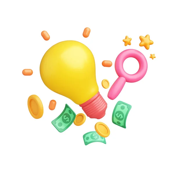 灯泡物体一美元的黄色硬币 白色背景的放大镜 盈利交易融资成功的商业投资策略 财富或红利的支付 收割路径 3D插图 — 图库照片