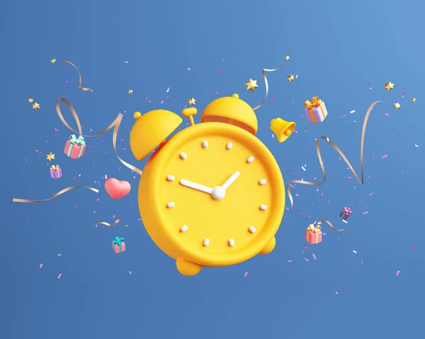 Party time and happy time. It\'s time to celebrate birthday party, christmas, countdown new year with clock, gift box, 3D heart, ribbons, confetti on blue background. Clipping path. 3D illustration.