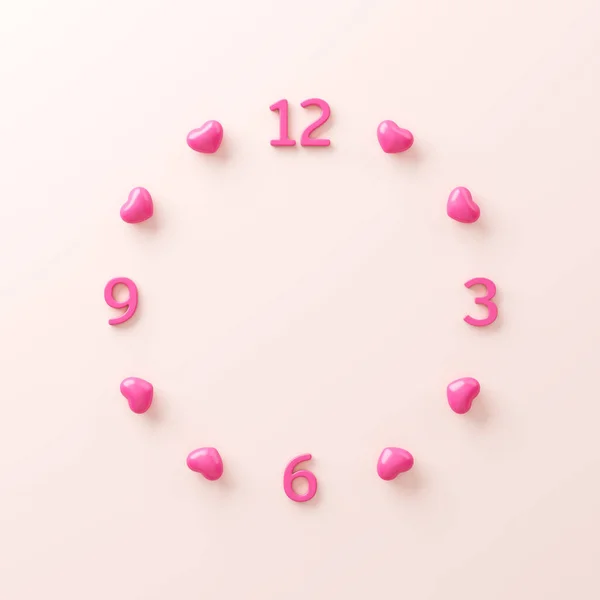 Clock and 3D pink heart. Circle clock face. Concept Dating time on important days is wedding anniversaries, Valentine\'s Day. Celebrate with couples, husbands and wives. Clipping path. 3D Illustration.