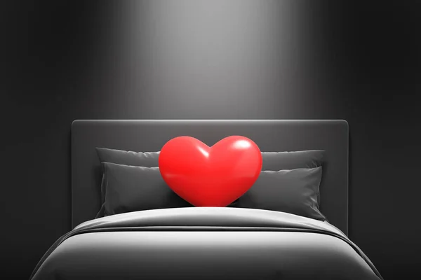 Red heart on black bed in dark bedroom Spotlights shine down on the bed and heart from above. Concepts is death, end, broken heart, evil, sin, heartlessness and divorce. Copy space. 3D illustration.