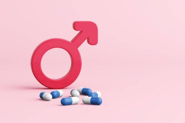 Üç boyutlu nesne seksi pembe erkek cinsiyet sembolü ve pembe arka planda kapsül ilacı. Ereksiyon bozukluğu cinsel aktivitede yetersizliktir. Viagra hapları ya da vitamin. Kesme yolu. 3B Görüntü.