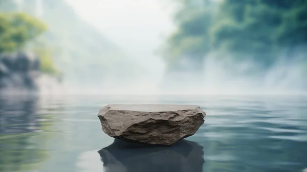 Stone Pedestal Display Surface Lake Sky Mountains Forest Greenery Morning — Stock Photo, Image