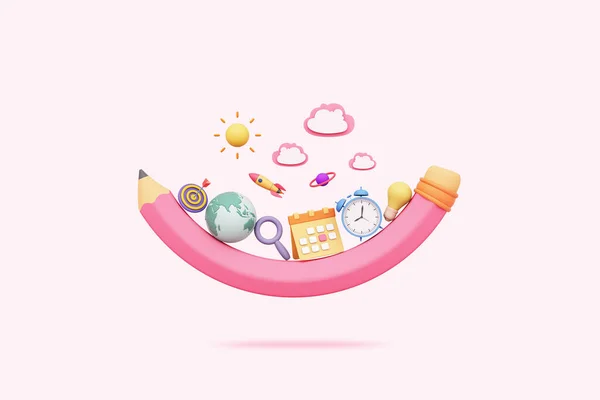 Pencil pink stationery pastel float. global learning school kids cute globe clock light bulb study child pink background. Idea creative education imagine and knowledge. clipping path. 3D Illustration.
