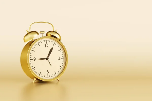 Gold clock on gold background, luxurious, elegant, with reflection. Golden time. business investment trade time management. copy space display product marketing. clipping path. 3D Illustration.