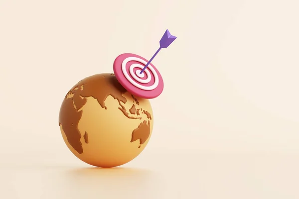 archery target or bullseye on globe. Marketing strategy finance economy investment stock market business successful winner commerce management target. copy space. clipping path. 3D Illustration.